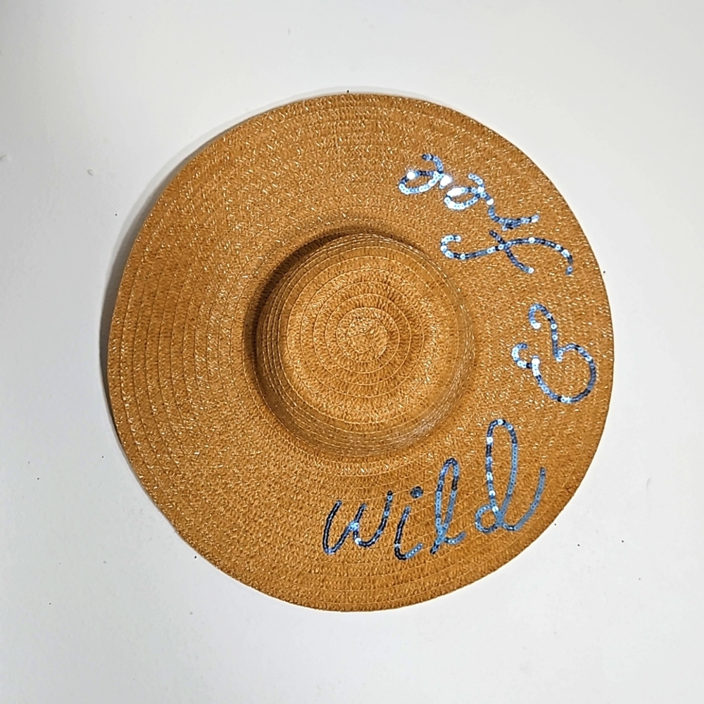 Rampage large floppy tan paper straw hat with blue sequins "wild & free"